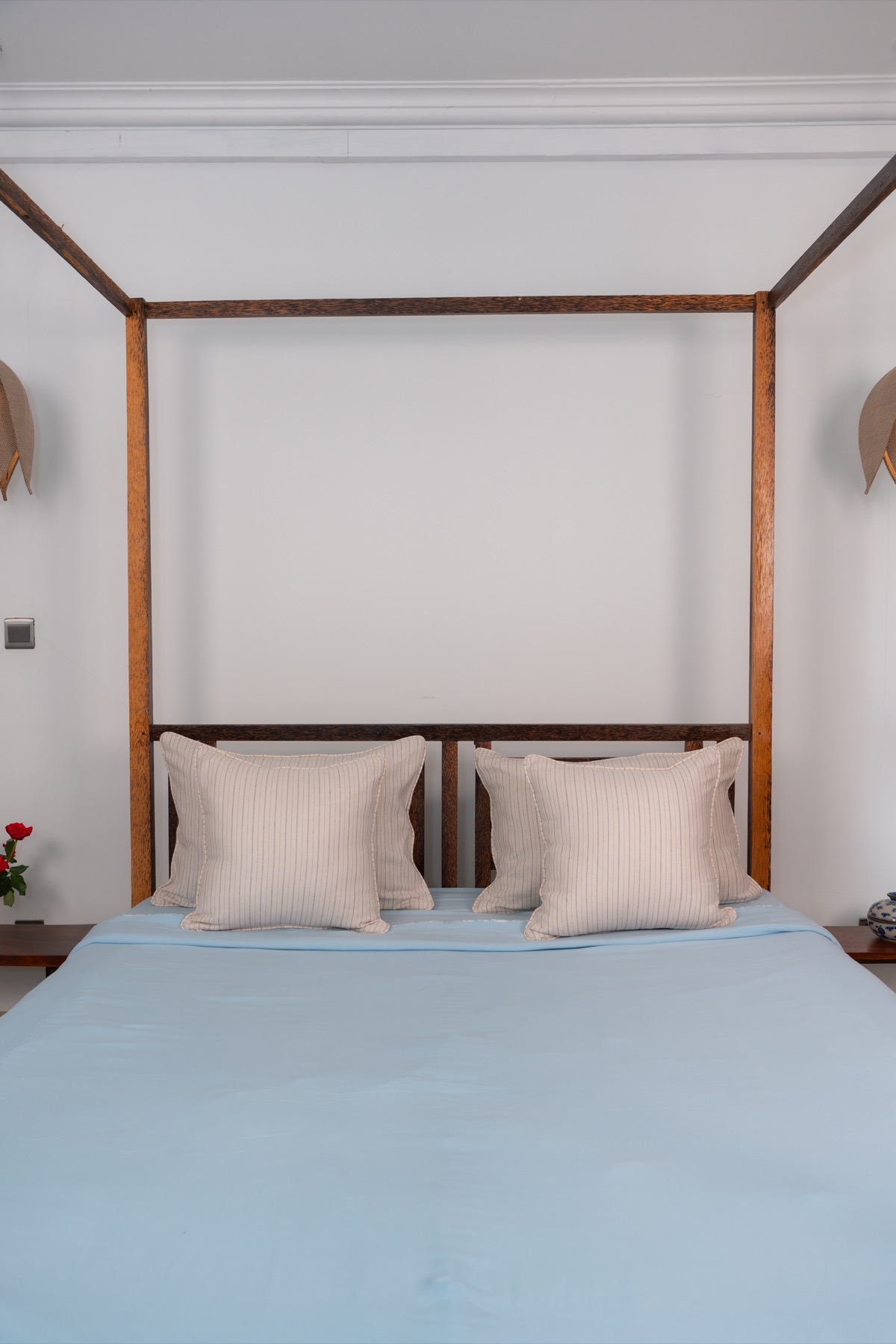Beige pinstripe bed pillows
